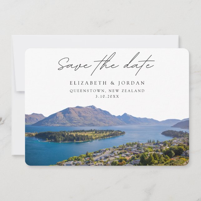 Invitación Boda de Queenstown Nueva Zelanda salva la fecha (Anverso)