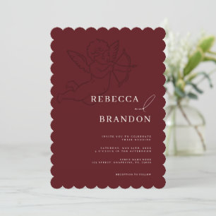 Invitación Boda de querubín burdeos con volutas dibujadas a m
