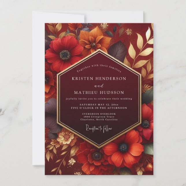 Invitación Boda de Radiante Floral Carmesí Otoñal (Anverso)