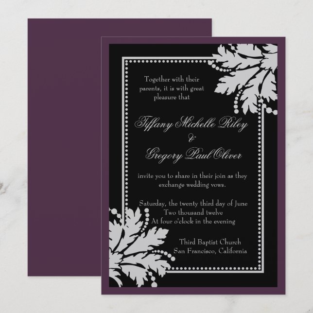Invitación Boda de ráfaga floral invita a metal [berenjena] (Anverso / Reverso)