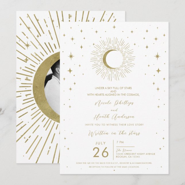Invitación Boda de ráfaga solar celestial de estrellas de oro (Anverso / Reverso)