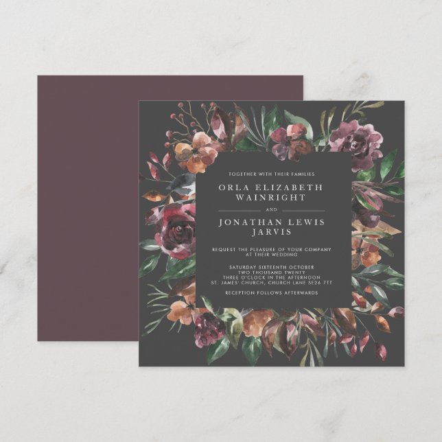 Invitación Boda de ráfagas florales de Moody Fall Square (Anverso / Reverso)