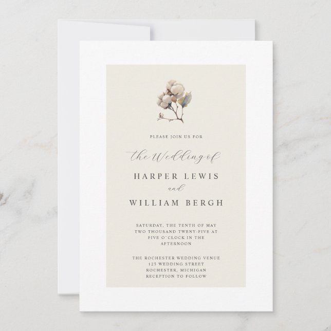 Invitación boda de rama de algodón minimalista (Anverso)