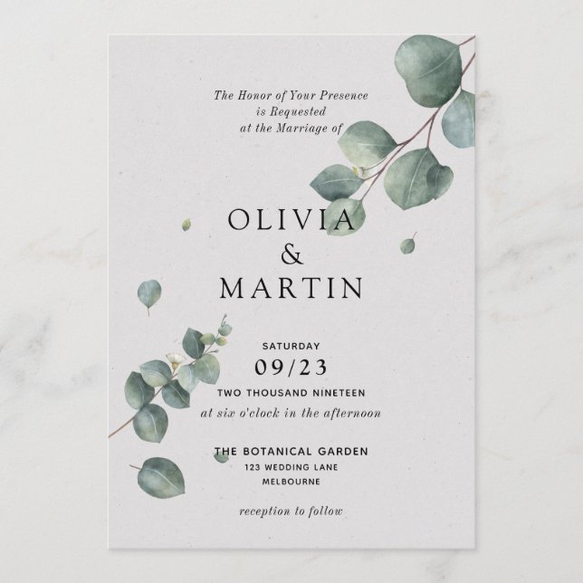 Invitación Boda de rama de Eucalyptus (Anverso)