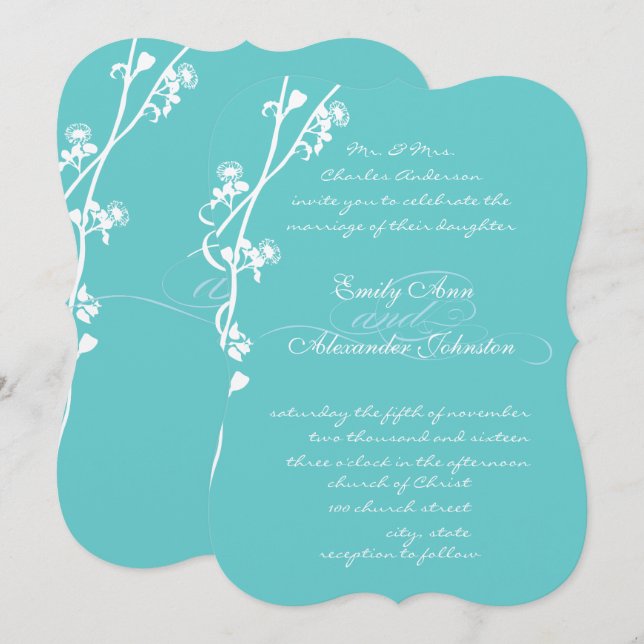 Invitación Boda de rama de flor silvestre Die Cut Aqua (Anverso / Reverso)