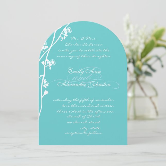 Invitación Boda de rama de flor silvestre Die Cut Aqua (Anverso de pie)