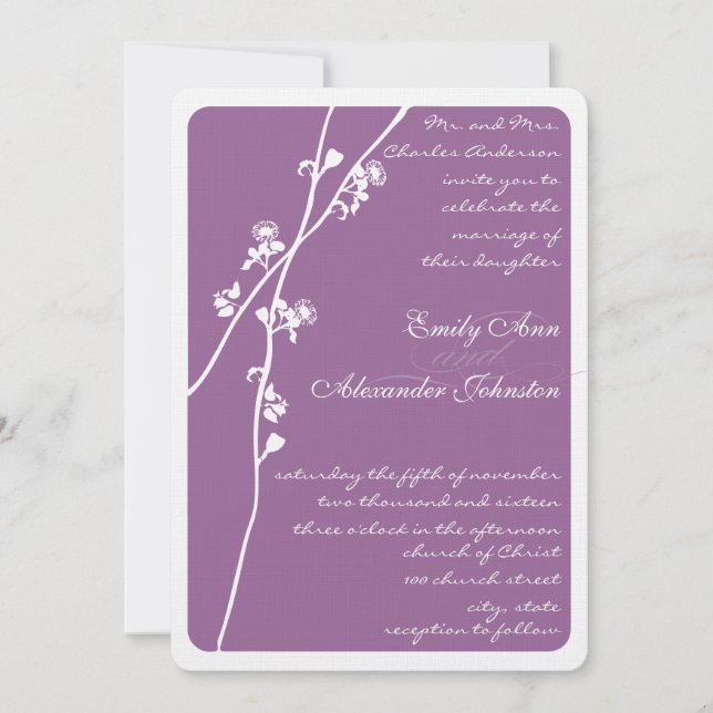Invitación Boda de rama de flores violetas (Anverso)