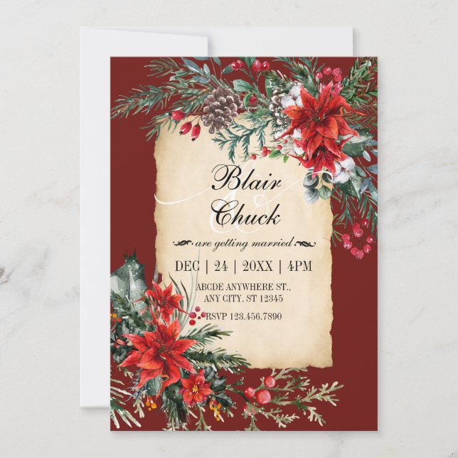 Invitación Boda de rama floral roja clásica (Anverso)
