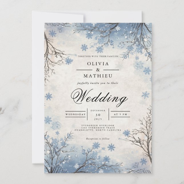 Invitación Boda de rama helada de invierno azul (Anverso)