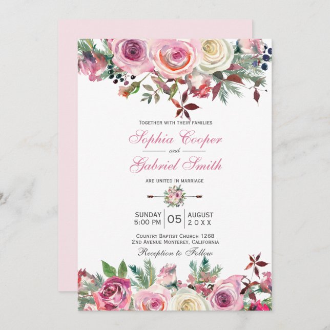 Invitación Boda de ramas de pino floral de Rosa de malva rosa (Anverso / Reverso)