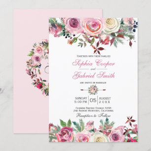 Invitación Boda de ramas de pino floral de Rosa de malva rosa