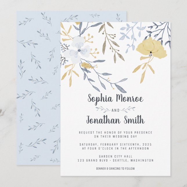 Invitación Boda de ramas florales amarillas y azules (Anverso / Reverso)