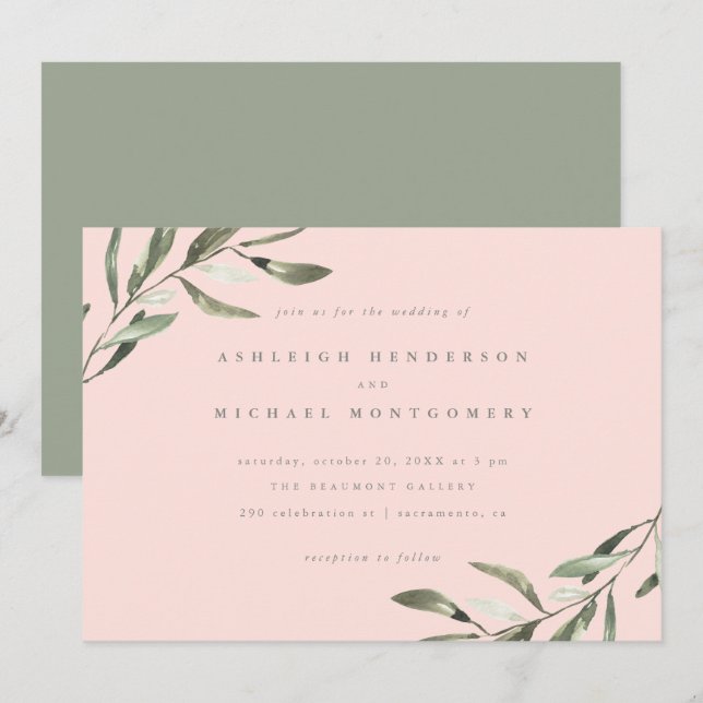 Invitación Boda de ramas verdes rosadas del Pastel Minimalist (Anverso / Reverso)