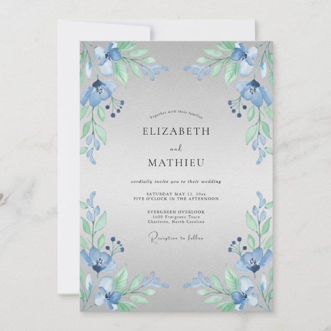 Invitación Boda de Ramilletes Florales Azules (Anverso)