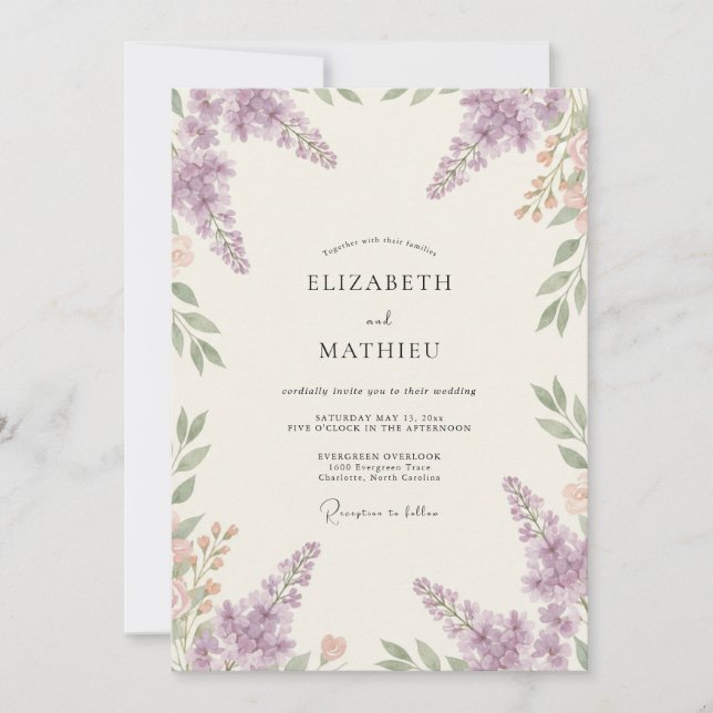 Invitación Boda de ramita de glicina violeta (Anverso)