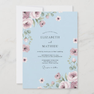 Invitación Boda de ramita floral azul polvoriento