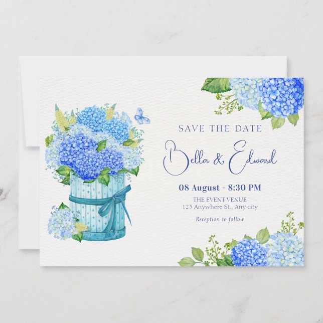 Invitación Boda de ramo de flores azules (Anverso)