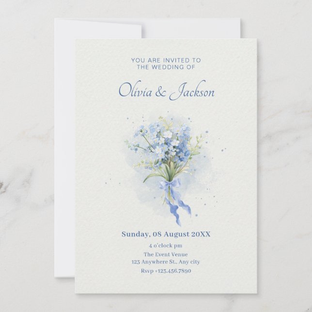 Invitación Boda de ramo de flores azules (Anverso)