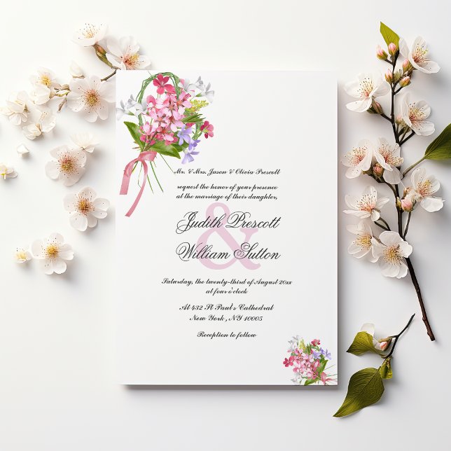 Invitación Boda de ramo de flores blancas de lila rosada (Vintage pink lilac white flower bouquet Wedding )