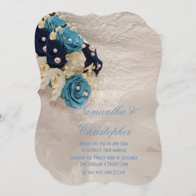 Invitación Boda de ramo de novias florales azules (Anverso / Reverso)