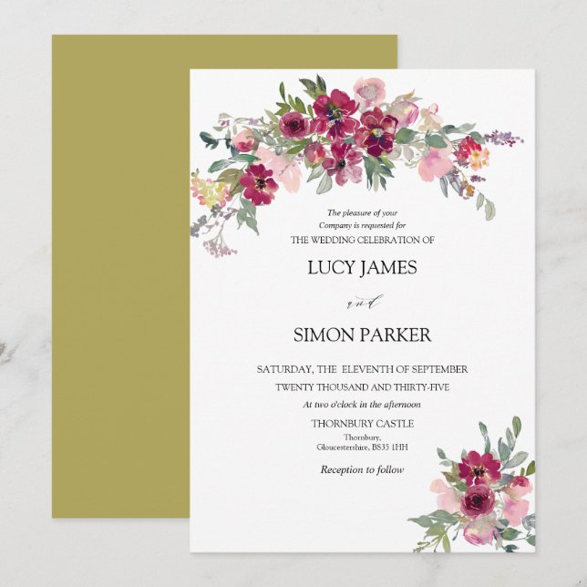 Invitación Boda de ramo de Rubor de Borgoña (Anverso / Reverso)