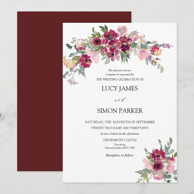 Invitación Boda de ramo de Rubor de Borgoña (Anverso / Reverso)