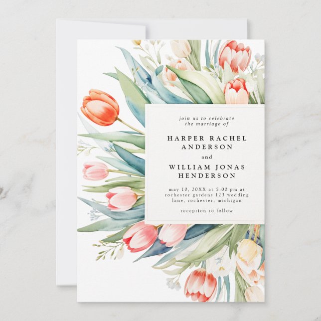 Invitación Boda de ramo de tulipán acuarela (Anverso)