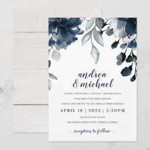Invitación Boda de ramo floral acuarela azul marino