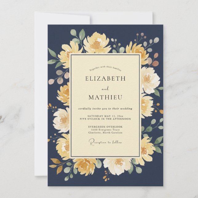 Invitación Boda de ramo floral amarillo de la marina (Anverso)