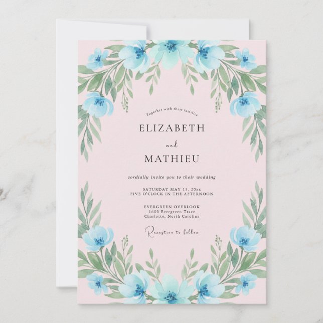 Invitación Boda de ramo pintado azul cielo (Anverso)
