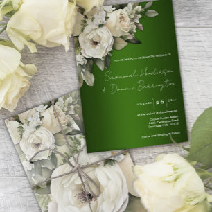Invitación Boda de ramos de rosa blanca y verde esmeralda