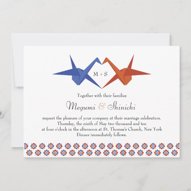 Invitación Boda de ranas de originami (azul - Naranja quemado (Anverso)