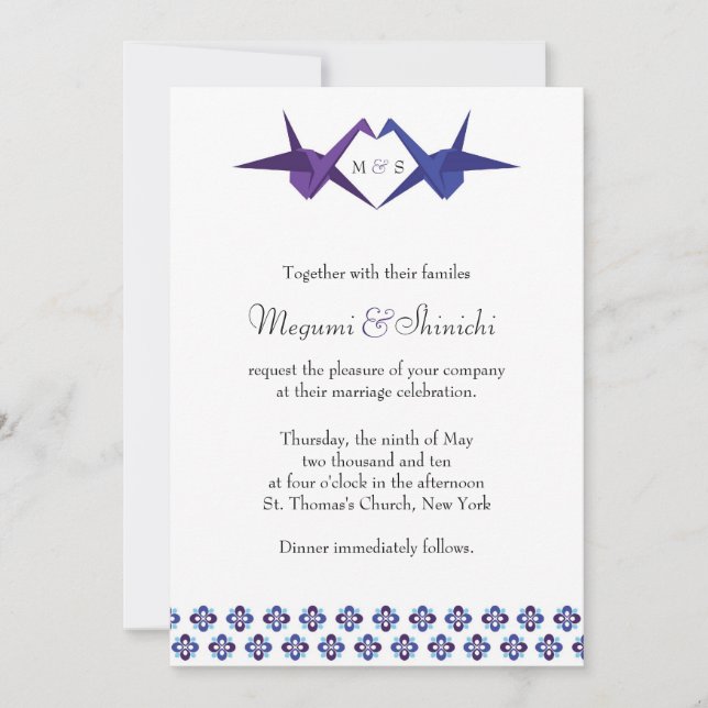 Invitación Boda de ranas de originami (azul y púrpura) (Anverso)