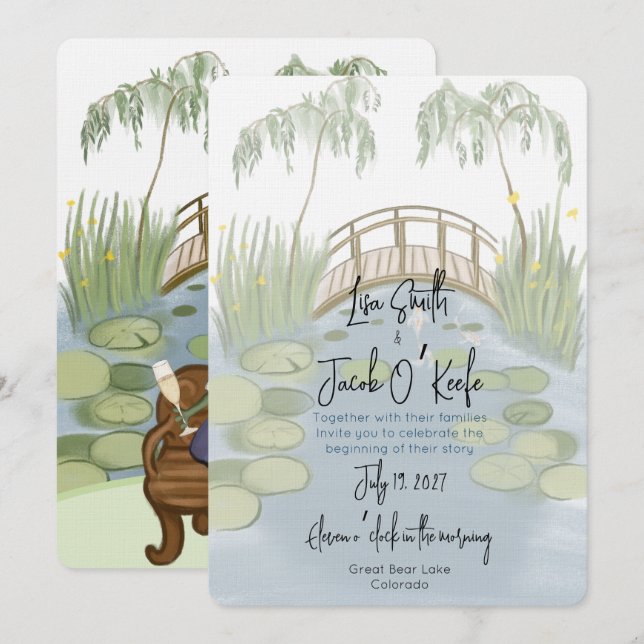 Invitación Boda de ranas ilustradas pintadas a mano (Anverso / Reverso)