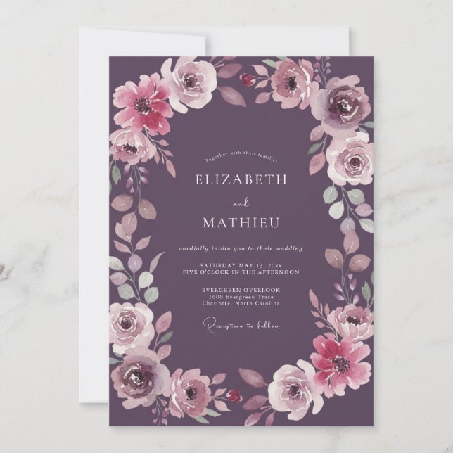 Invitación Boda de ranúnculo acuarela ciruela (Anverso)