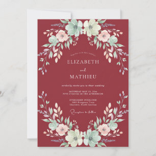 Invitación Boda de ranúnculo acuático granate y eucalipto sil