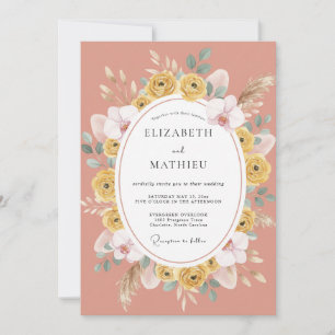 Invitación Boda de ranúnculo amarillo coral y eucalipto