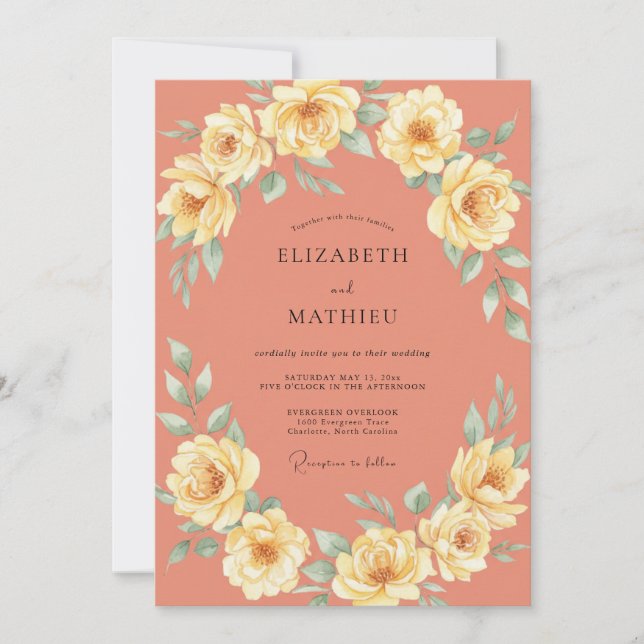 Invitación Boda de ranúnculo amarillo coral y eucalipto silen (Anverso)
