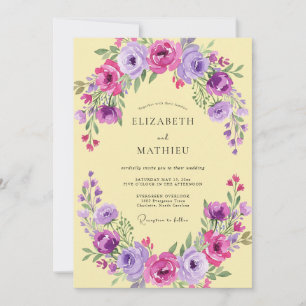 Invitación Boda de ranúnculo amarillo lila y eucalipto silenc