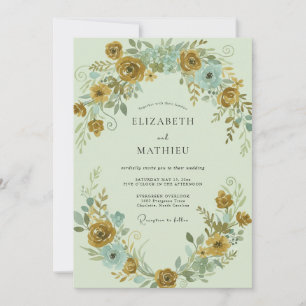 Invitación Boda de ranúnculo aqua mostaza y eucalipto