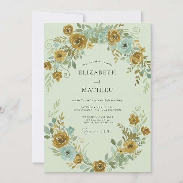 Invitación Boda de ranúnculo aqua mostaza y eucalipto (Anverso)
