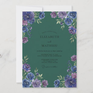 Invitación Boda de ranúnculo azul teñido amatista con eucalip