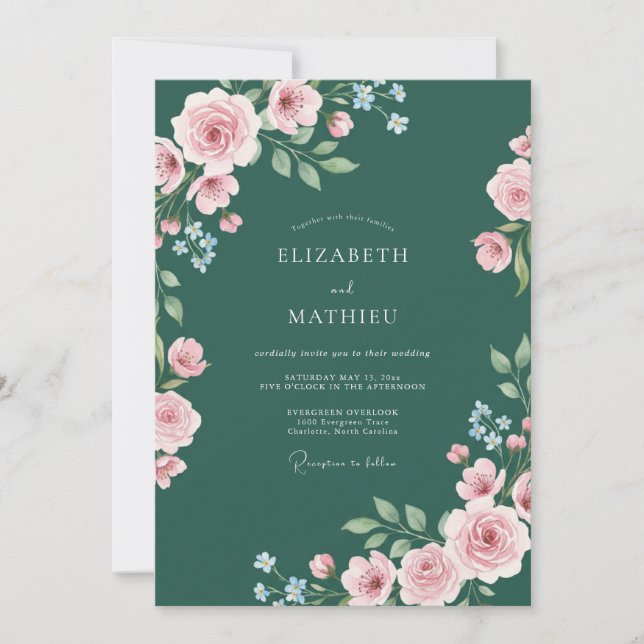 Invitación Boda de ranúnculo azul turquesa profundo y eucalip (Anverso)