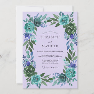 Invitación Boda de ranúnculo azul verdoso lila y eucalipto su
