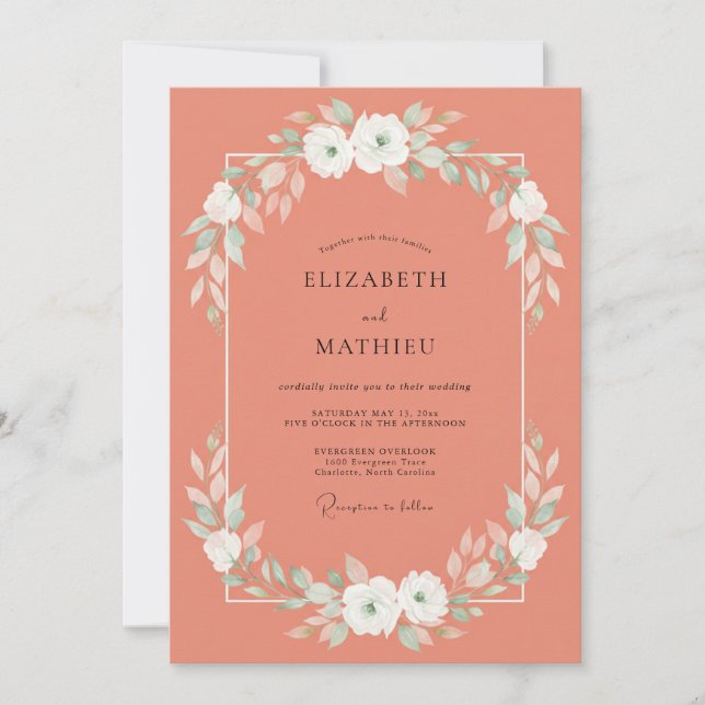 Invitación Boda de ranúnculo blanco salmón eucalipto (Anverso)