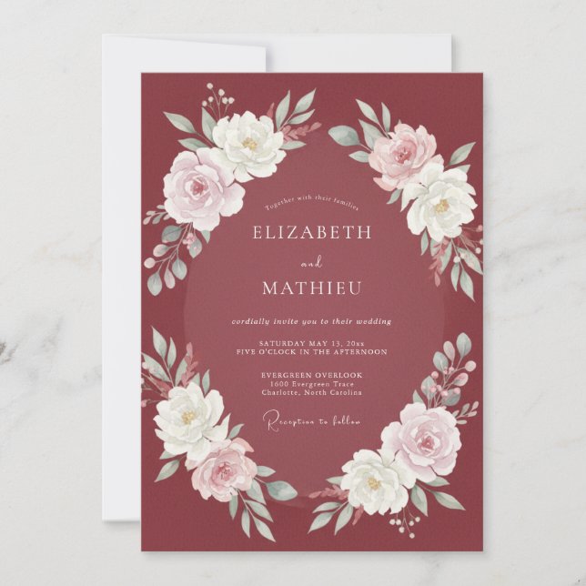 Invitación Boda de ranúnculo blanco y eucalipto de Borgoña (Anverso)