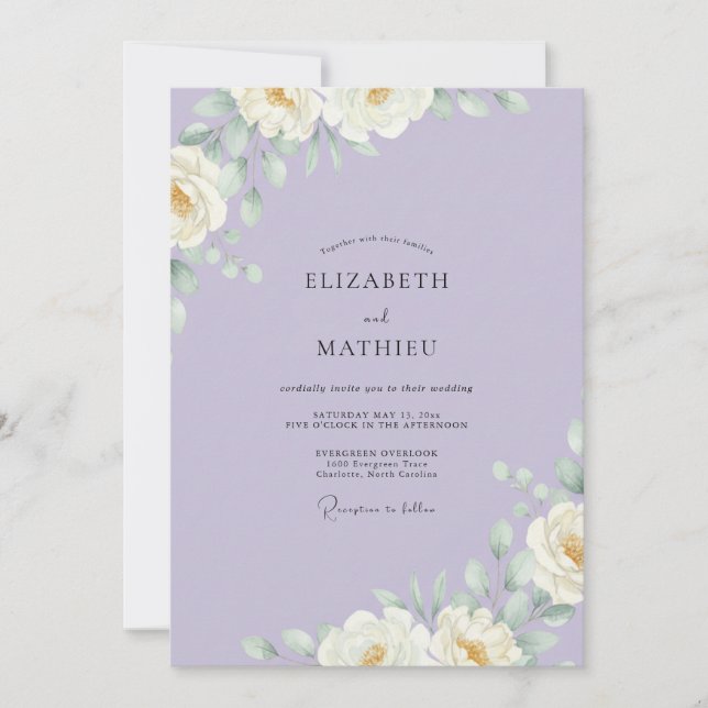 Invitación Boda de ranúnculo blanco y eucalipto de lavanda (Anverso)