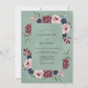 Invitación Boda de ranúnculo borgoña, salvia y eucalipto