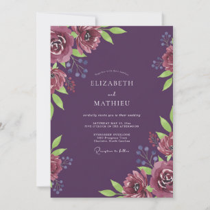 Invitación Boda de ranúnculo ciruela profunda y eucalipto pol