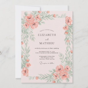 Invitación Boda de ranúnculo coral con follaje de eucalipto a